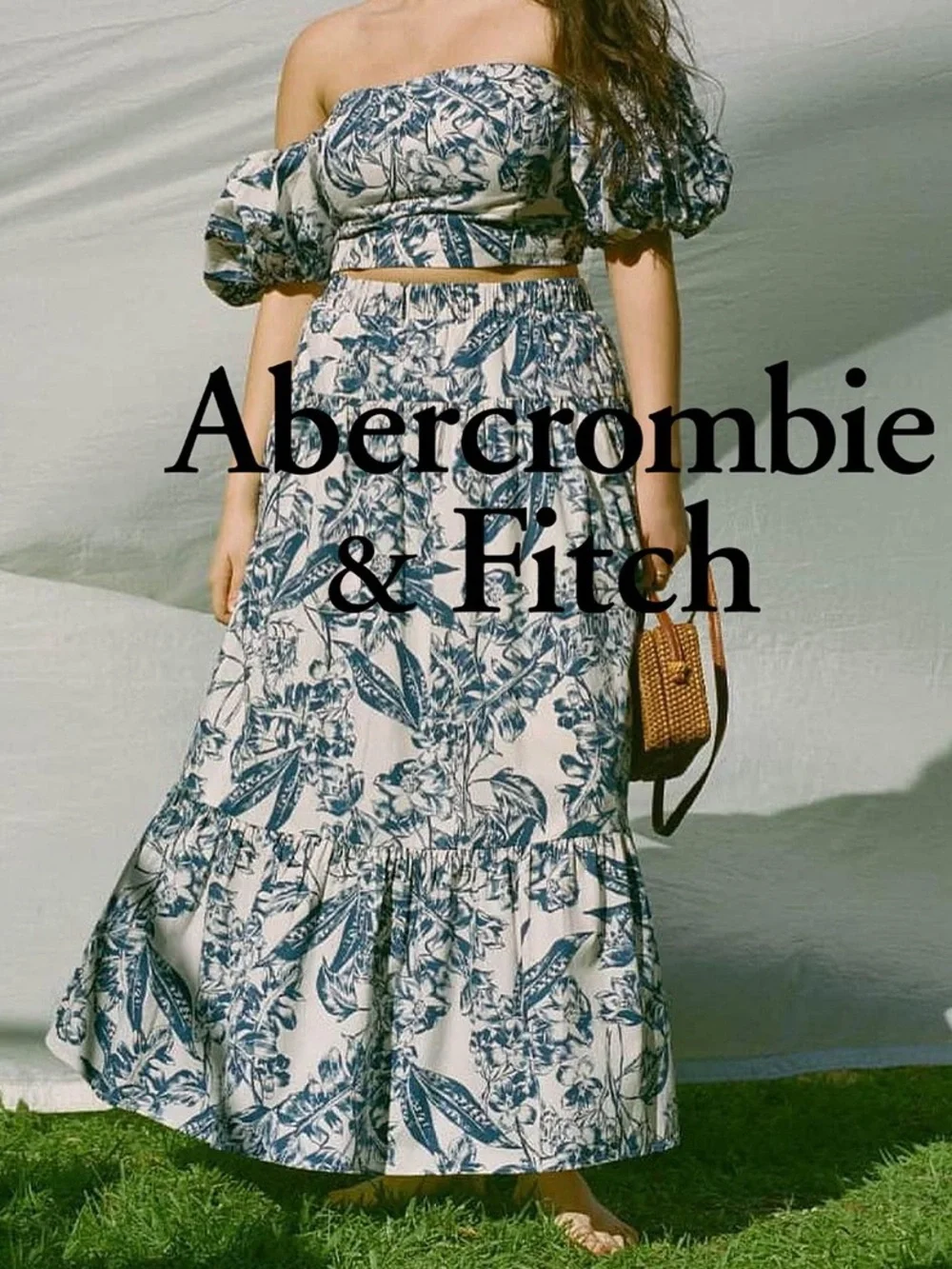 Abercrombie Off Shoulder Crop Top Tiered Maxi Skirt Set S Floral Poplin Boho